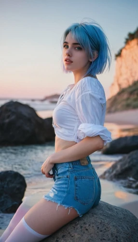 blue hair,malibu,beach background,holly blue,denim,ocean background,ocean blue,azure,denim skirt,aqua,mini,mar,blu,girl in overalls,jean shorts,by the sea,ocean,blue and white,denim background,pixie,Photography,Documentary Photography,Documentary Photography 23