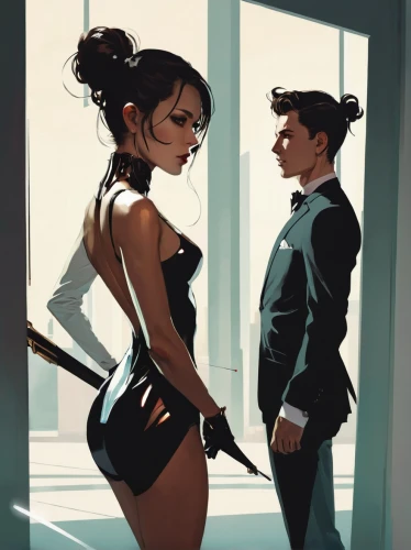 spy visual,spy,breakfast at tiffany's,roaring twenties couple,agent provocateur,couple silhouette,dressing up,suits,wedding couple,mobster couple,catwoman,tuxedo just,affair,tango,femme fatale,croft,game illustration,wedding icons,tuxedo,flapper couple,Conceptual Art,Fantasy,Fantasy 06