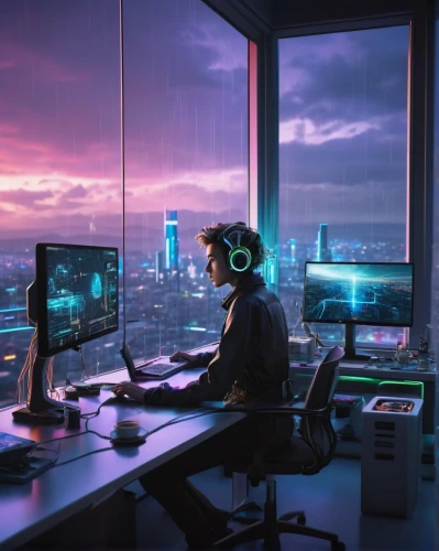 cyberpunk,computer workstation,blur office background,modern office,working space,night administrator,developer,lan,lures and buy new desktop,computer room,pc tower,creative office,fractal design,computer desk,man with a computer,virtual world,women in technology,trading floor,monitors,wireless headset,Photography,Fashion Photography,Fashion Photography 05