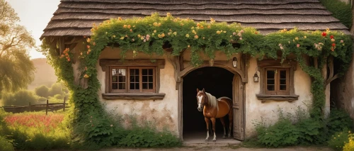 horse stable,thatched cottage,country cottage,little house,fairy door,witch's house,ancient house,small house,traditional house,hobbiton,fairy house,woman house,cottage,straw hut,miniature house,hay horse,pony farm,country house,horse barn,house painting,Illustration,Paper based,Paper Based 29