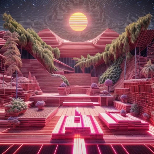 virtual landscape,3d fantasy,fractal environment,futuristic landscape,low poly,cyberspace,trip computer,3d render,3d background,digitalart,virtual,low-poly,pink squares,computer art,render,virtual world,cinema 4d,temple fade,isometric,cubes