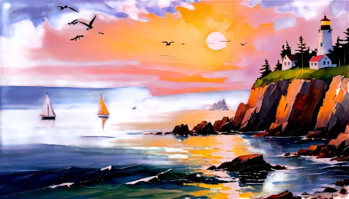 coastal landscape,world digital painting,landscape background,nubble,cliffs ocean,sea landscape,coast sunset,cliffs,coastline,seascape,fantasy landscape,lighthouse,cliff coast,beach landscape,watercolor background,gulls,flying sea gulls,digital painting,an island far away landscape,puffins,Conceptual Art,Oil color,Oil Color 20