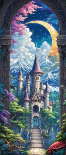 fairy tale castle,fantasy world,fantasy landscape,fairytale castle,knight's castle,fantasy picture,magical adventure,dream world,3d fantasy,fairy tale,fairy world,hall of the fallen,fantasia,castle of the corvin,magical,water castle,fantasy city,fantasy art,children's fairy tale,castle,Illustration,Japanese style,Japanese Style 04