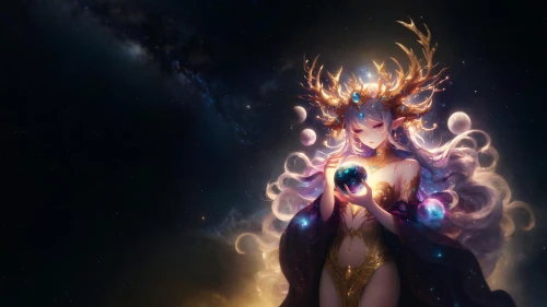 nebula guardian,star mother,the enchantress,glowing antlers,astral traveler,cassiopeia,aura,supernova,summoner,light bearer,priestess,flame spirit,sorceress,celestial,sun god,cg artwork,symetra,fantasia,magic grimoire,goddess of justice