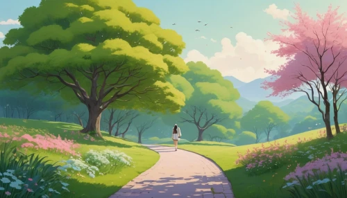 sakura background,japanese sakura background,springtime background,spring background,studio ghibli,spring morning,walk in a park,stroll,sakura trees,pathway,blooming field,landscape background,walk,meadow in pastel,forest path,summer day,sakura,in the spring,spring,springtime,Photography,General,Realistic