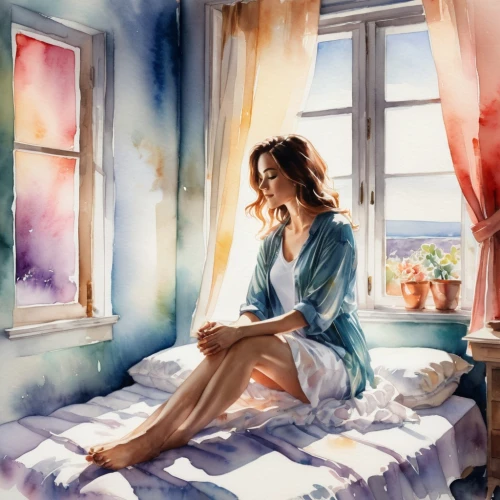 watercolor painting,woman on bed,watercolor,watercolor paint,watercolor background,morning light,photo painting,watercolor blue,watercolor pencils,girl in bed,spring morning,bedroom window,painting,world digital painting,watercolour,painter,art painting,relaxed young girl,watercolors,italian painter,Illustration,Paper based,Paper Based 25