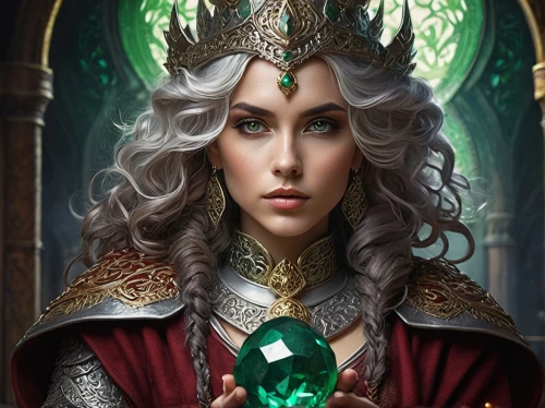 fantasy portrait,fantasy art,elven,celtic queen,the enchantress,lokportrait,caerula,fantasy picture,sorceress,emerald,priestess,crown render,violet head elf,heart with crown,queen crown,golden crown,loki,fantasy woman,heroic fantasy,miss circassian,Illustration,Abstract Fantasy,Abstract Fantasy 07