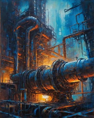 industrial landscape,refinery,industrial,industrial plant,industrial tubes,heavy water factory,oil,steel mill,industries,industrial ruin,chemical plant,iron pipe,industry,petroleum,oil industry,oil platform,dystopian,oil flow,industrial area,petrochemical,Conceptual Art,Oil color,Oil Color 20