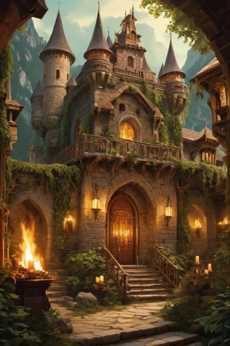 fairy tale castle,fantasy landscape,knight village,castle of the corvin,mountain settlement,fairytale castle,witch's house,knight's castle,castle iron market,fantasy picture,castel,medieval architecture,fairy village,castleguard,studio ghibli,fantasy world,aurora village,fantasy art,dandelion hall,ancient house,Illustration,Abstract Fantasy,Abstract Fantasy 11