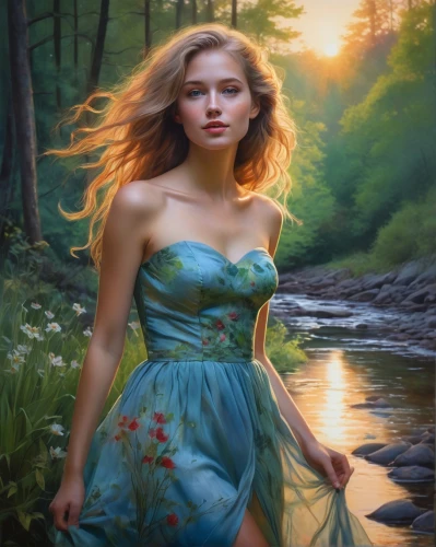 the blonde in the river,girl on the river,fantasy picture,fantasy portrait,fantasy art,celtic woman,mystical portrait of a girl,girl in a long dress,romantic portrait,faerie,water nymph,world digital painting,girl in flowers,faery,girl in the garden,young woman,landscape background,oil painting,enchanting,oil painting on canvas,Illustration,Paper based,Paper Based 06
