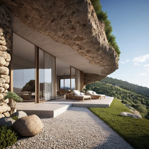 dunes house,house in mountains,house in the mountains,stone house,cubic house,roof landscape,mountain stone edge,3d rendering,luxury property,natural stone,home landscape,modern architecture,render,roof terrace,alpine style,beautiful home,holiday villa,eco-construction,jewelry（architecture）,summer house,Photography,General,Realistic