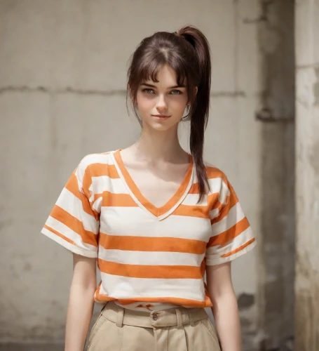 cotton top,polo shirt,horizontal stripes,orange,clementine,retro girl,girl in t-shirt,agnes,teen,clove,young model istanbul,orange color,portrait of a girl,cinnamon girl,television character,adorable,vintage girl,cute,striped,girl in overalls,Photography,Natural