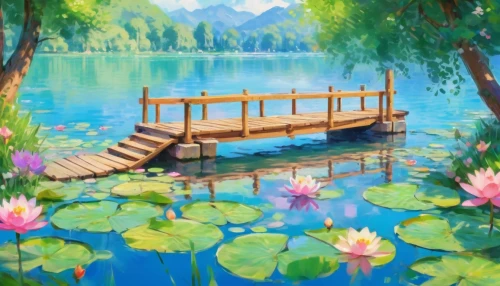 landscape background,boat landscape,lotus on pond,beautiful lake,fishing float,lotus pond,flower painting,water lotus,river landscape,lily pond,dragon boat,heaven lake,lotuses,芦ﾉ湖,water lilies,background view nature,picnic boat,calm water,flower water,pond flower,Illustration,Japanese style,Japanese Style 02