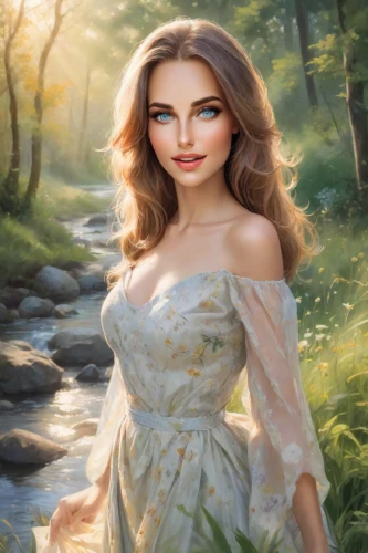 celtic woman,the blonde in the river,fantasy picture,fantasy portrait,world digital painting,girl on the river,girl in a long dress,faerie,romantic portrait,jessamine,fantasy art,fairy tale character,fantasy woman,mystical portrait of a girl,landscape background,faery,enchanting,romantic look,portrait background,springtime background,Photography,Realistic