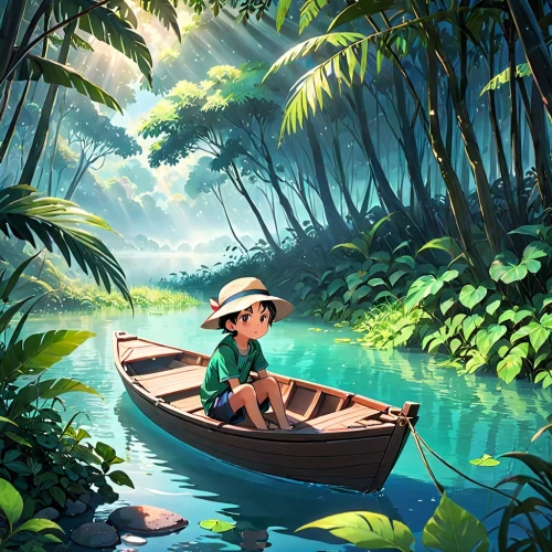 monkey island,canoeing,kerala,backwaters,raft,vietnam,boat landscape,world digital painting,fishing float,raft guide,tropical jungle,moana,canoe,jungle,tropics,girl on the boat,long-tail boat,canoes,rainforest,tropical animals,Anime,Anime,Traditional
