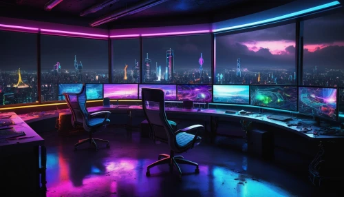 computer room,modern office,computer desk,computer workstation,cyberpunk,creative office,desk,the server room,working space,blur office background,study room,game room,monitor wall,music workstation,desktop computer,office desk,monitors,great room,offices,modern room,Illustration,Paper based,Paper Based 21