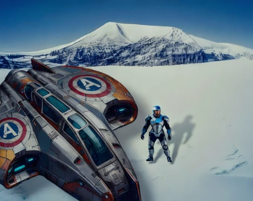 delta-wing,bobsleigh,streetluge,snowmobile,millenium falcon,ski mountaineering,x-wing,avalanche protection,star wars,starwars,snow slope,tie-fighter,luge,south pole,renault alpine,antartica,sci fi,digital compositing,ice planet,alpine style