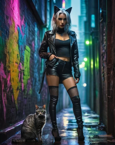 alley cat,black cat,kat,halloween black cat,catwoman,street cat,alley,femme fatale,cyberpunk,feline look,rescue alley,panther,feline,puma,cat,alleyway,ritriver and the cat,cats on brick wall,she-cat,animal feline,Illustration,Realistic Fantasy,Realistic Fantasy 16