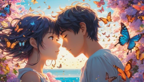 butterfly background,butterflies,blue butterflies,falling flowers,love in air,hydrangeas,the cherry blossoms,sea of flowers,kiss flowers,passion butterfly,first kiss,romantic scene,flower background,japanese floral background,floral background,cherry blossoms,floral heart,kissing,moths and butterflies,girl and boy outdoor,Illustration,Japanese style,Japanese Style 04