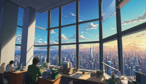 sky apartment,modern office,windows,study room,offices,skyscrapers,skycraper,tokyo city,sky city,skyscraper,skyline,window to the world,above the city,big window,tokyo,the skyscraper,cityscape,windows 7,city view,office desk,Illustration,Japanese style,Japanese Style 05