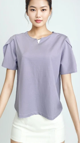 cotton top,purple background,blouse,girl in t-shirt,women's clothing,long-sleeved t-shirt,in a shirt,one-piece garment,garment,undershirt,asian woman,tee,shirt,phuquy,transparent background,miyeok guk,active shirt,light purple,tshirt,women clothes,Female,Southeast Asians,One Side Up,Mature,L,Confidence,Mini Skirt,Pure Color,White