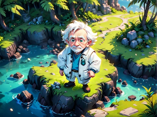 scandia gnome,scandia gnomes,studio ghibli,wishing well,gnomes,digital painting,lagoon,world digital painting,digital illustration,jungle,monkey island,geppetto,rainforest,swamp,a small waterfall,explorer,mountain spring,raft guide,wander,farmer in the woods,Anime,Anime,Cartoon