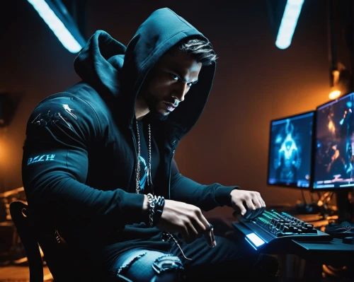 dj,hacker,hoodie,man with a computer,anonymous hacker,tracksuit,hacking,cyber,hooded man,lan,cyber crime,hooded,game addiction,coder,gamer,computer addiction,computer freak,cyberpunk,concentration,gamer zone,Conceptual Art,Fantasy,Fantasy 06