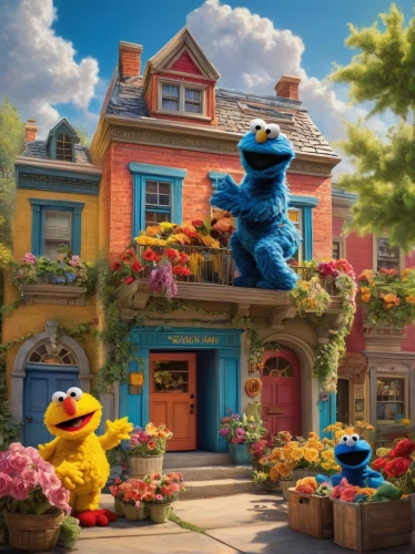 sesame street,flower shop,the muppets,bird bird kingdom,bird kingdom,cartoon flowers,popeye village,children's background,flower delivery,big bird,pâtisserie,ernie and bert,bird house,flower boxes,frog gathering,flower box,cg artwork,b3d,bird home,blue birds and blossom,Conceptual Art,Fantasy,Fantasy 13