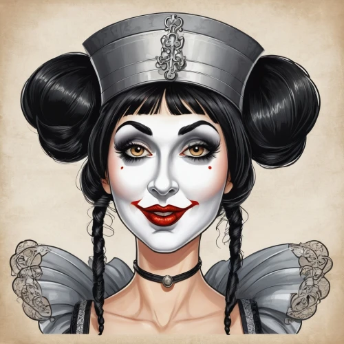 geisha girl,geisha,pierrot,queen of hearts,mime artist,mime,fantasy portrait,jester,caricaturist,gothic portrait,marionette,peking opera,vintage makeup,oriental princess,circus,venetian mask,victorian lady,ringmaster,oriental girl,rockabella,Illustration,Abstract Fantasy,Abstract Fantasy 23