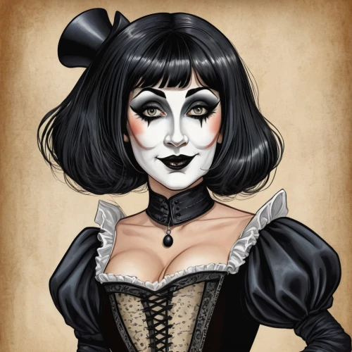 victorian lady,gothic portrait,gothic woman,queen of hearts,vampira,goth woman,cruella de ville,catrina calavera,vampire lady,rockabella,catrina,vampire woman,gothic fashion,painted lady,corset,victorian style,dita,vaudeville,widow,caricaturist,Illustration,Abstract Fantasy,Abstract Fantasy 23