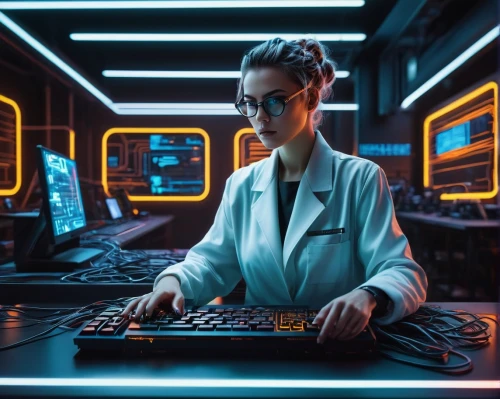 women in technology,sci fi surgery room,cyber glasses,girl at the computer,female doctor,electronic medical record,researcher,neon human resources,computer science,cyberpunk,theoretician physician,cyber,computer room,medical technology,cybersecurity,barebone computer,cyber security,computer business,sci fiction illustration,man with a computer,Illustration,Abstract Fantasy,Abstract Fantasy 14