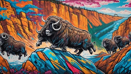 buffalo herd,mountain sheep,black-brown mountain sheep,grizzlies,big horn sheep,wild sheep,muskox,buffaloes,mountain cows,bighorn sheep,guards of the canyon,mural,buffalo herder,bison,buffalo,brown bears,buffalos,goat mountain,telluride,bighorn,Conceptual Art,Graffiti Art,Graffiti Art 07