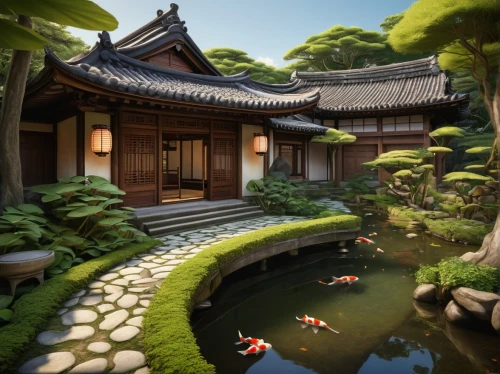 koi pond,asian architecture,japanese architecture,japanese-style room,ryokan,japanese zen garden,zen garden,japanese garden ornament,japan garden,japanese garden,kyoto,tsukemono,ginkaku-ji,fish pond,japanese art,japanese shrine,beautiful japan,garden pond,japan landscape,oriental,Art,Classical Oil Painting,Classical Oil Painting 32