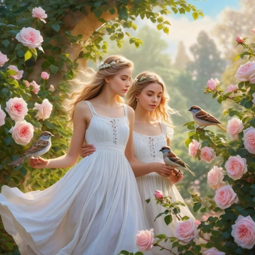 wedding dresses,way of the roses,beautiful photo girls,wedding photo,children's fairy tale,wild roses,ballerinas,picking flowers,fantasy picture,romantic portrait,fairies,holding flowers,a fairy tale,blooming roses,celtic woman,flower delivery,young women,florists,splendor of flowers,scent of roses,Photography,General,Realistic