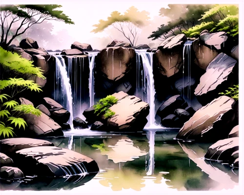 waterfall,a small waterfall,waterfalls,watercolor background,water fall,water falls,brown waterfall,landscape background,green waterfall,ash falls,falls,cascades,wasserfall,cascade,digital painting,world digital painting,water flowing,water scape,oasis,vietnam,Illustration,Paper based,Paper Based 30