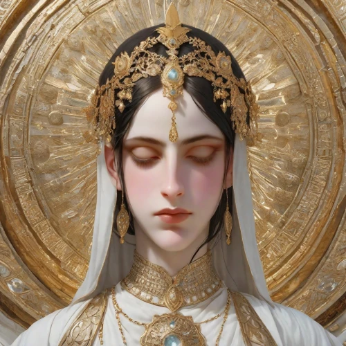 priestess,the prophet mary,the angel with the veronica veil,mary-gold,golden wreath,baroque angel,sacred art,kundalini,deity,seven sorrows,mary 1,white lady,cepora judith,sacred,eucharistic,diadem,the magdalene,accolade,praying woman,woman praying,Photography,Realistic