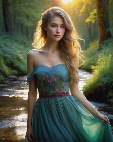 celtic woman,the blonde in the river,faerie,faery,girl in a long dress,fantasy picture,enchanting,girl on the river,fairy tale character,celtic queen,jessamine,fantasy portrait,mystical portrait of a girl,fairy queen,romantic portrait,fantasy art,green dress,romantic look,young woman,beautiful girl with flowers,Illustration,Realistic Fantasy,Realistic Fantasy 16