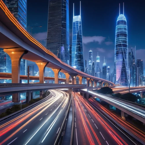 transport and traffic,light trail,city highway,light trails,dubai,highway lights,automotive navigation system,night highway,fleet and transportation,smart city,evening traffic,traffic management,doha,traffic jams,electric mobility,automotive lighting,futuristic landscape,highway bridge,passenger traffic,road traffic,Illustration,American Style,American Style 04