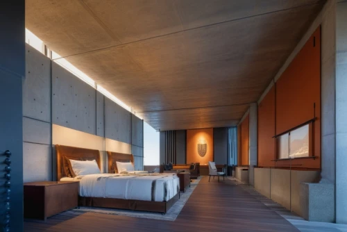concrete ceiling,corten steel,modern room,loft,penthouse apartment,interior modern design,contemporary decor,japanese-style room,modern decor,sleeping room,exposed concrete,dunes house,hallway space,room divider,sky apartment,great room,stucco ceiling,archidaily,interior design,3d rendering,Photography,General,Realistic