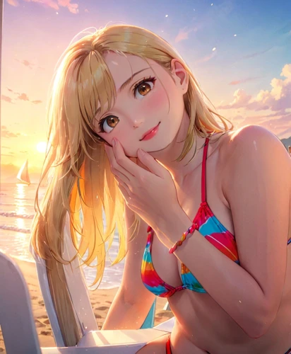 summer background,beach background,at sea,summer swimsuit,tsumugi kotobuki k-on,swimsuit,summer crown,dusk background,rainbow background,on a yacht,summer sky,cg artwork,portrait background,honolulu,beach scenery,aloha,sunburst background,summer icons,ocean background,sun and sea,Anime,Anime,Traditional