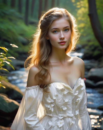 celtic woman,faery,mystical portrait of a girl,the blonde in the river,romantic portrait,faerie,enchanting,fantasy portrait,fairy queen,fantasy picture,jessamine,white rose snow queen,fairy tale character,bridal clothing,fae,girl in a long dress,girl on the river,fairy tale,world digital painting,a fairy tale