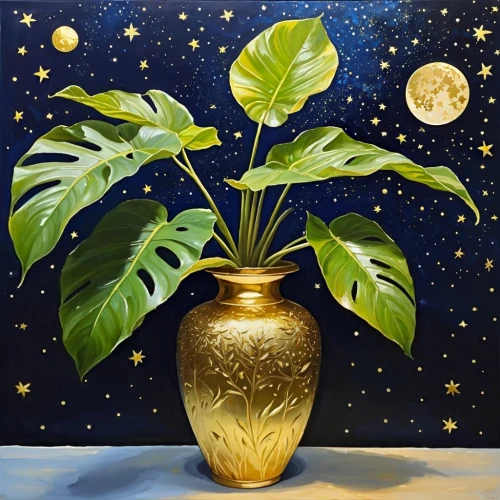 golden pot,golden candle plant,potted plant,starfruit plant,beach moonflower,lantern plant,moonflower,houseplant,money plant,lemon tree,vase,garden pot,plant pot,ikebana,oil painting on canvas,sacred fig,flower vase,potted plants,peace lily,anahata