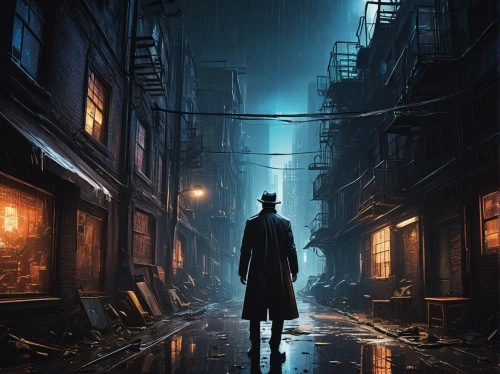 cyberpunk,sci fiction illustration,blind alley,man with umbrella,alleyway,alley,world digital painting,the wanderer,walking in the rain,detective,game illustration,walking man,game art,wanderer,mystery book cover,dystopian,cg artwork,overcoat,rescue alley,sherlock holmes,Art,Classical Oil Painting,Classical Oil Painting 39