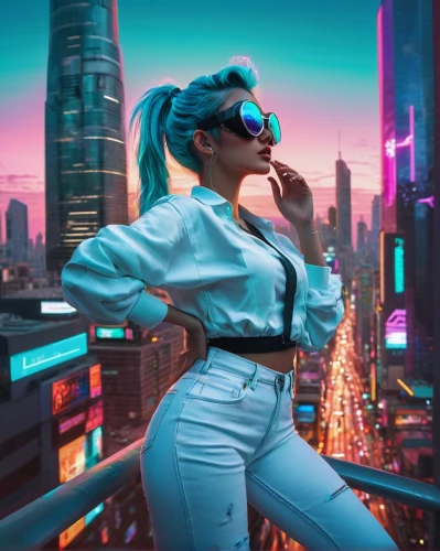 cyberpunk,futuristic,cyber glasses,cyan,hatsune miku,80s,cyber,world digital painting,teal blue asia,teal digital background,retro girl,miami,dubai,neon lights,retro woman,3d background,marina,colorful city,dusk background,cyberspace,Illustration,Abstract Fantasy,Abstract Fantasy 14
