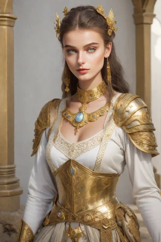 bridal clothing,bodice,mary-gold,girl in a historic way,celtic queen,female doll,breastplate,thracian,fantasy woman,cepora judith,gold jewelry,massively multiplayer online role-playing game,princess sofia,sterntaler,women clothes,women's clothing,gold filigree,golden crown,fantasy art,almudena,Photography,Realistic