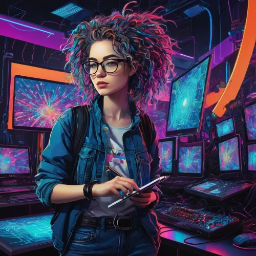 cyberpunk,80s,girl at the computer,cyber glasses,sci fiction illustration,librarian,80's design,operator,cyber,cg artwork,world digital painting,computer addiction,computer freak,computer art,vector girl,cyberspace,futuristic,retro girl,women in technology,retro woman,Illustration,Abstract Fantasy,Abstract Fantasy 04