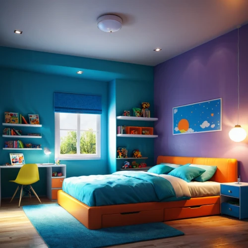 kids room,children's bedroom,boy's room picture,sleeping room,great room,modern room,3d rendering,the little girl's room,children's room,search interior solutions,color wall,teal and orange,blue room,room lighting,interior decoration,3d render,visual effect lighting,baby room,saturated colors,smart home,Conceptual Art,Fantasy,Fantasy 19