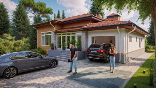 smart home,driveway,3d rendering,garage,holiday villa,modern house,folding roof,villa,residential house,small house,floorplan home,bungalow,garden elevation,family home,private house,suburban,open-plan car,house in the forest,large home,electric charging