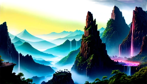 cartoon video game background,futuristic landscape,mountainous landscape,fantasy landscape,karst landscape,mountain landscape,landscape background,mountainous landforms,mountain world,mountain scene,world digital painting,mountains,zhangjiajie,high landscape,high mountains,mountain valleys,virtual landscape,wuyi,yellow mountains,fractal environment,Illustration,Realistic Fantasy,Realistic Fantasy 25