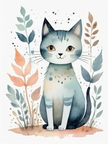 watercolor cat,gray kitty,cat vector,gray cat,drawing cat,cat on a blue background,silver tabby,little cat,capricorn kitz,blossom kitten,pet portrait,chartreux,tabby cat,flower cat,cat sparrow,kitty,feral cat,autumn icon,cat drawings,digital illustration,Illustration,Paper based,Paper Based 25